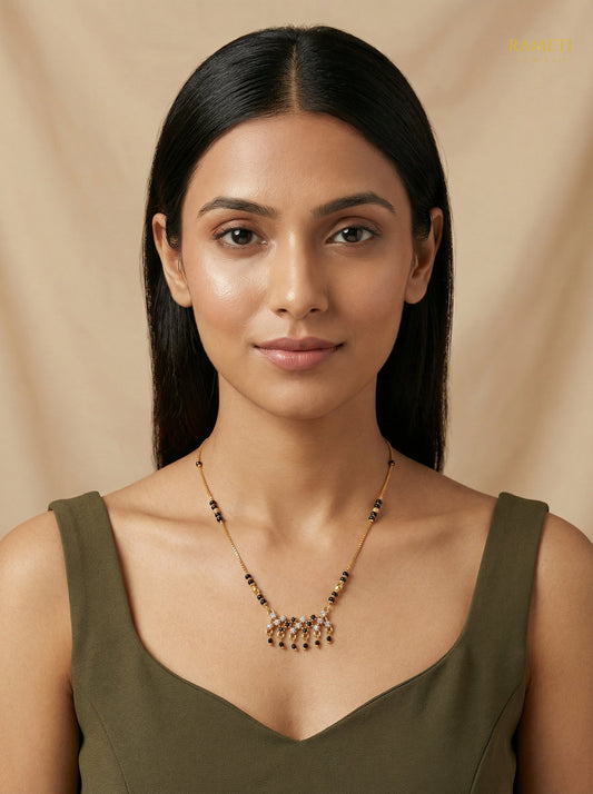 Kalpana Glistening CZ Studded Party Wear Mangalsutra worn by model - Rameti Jewels