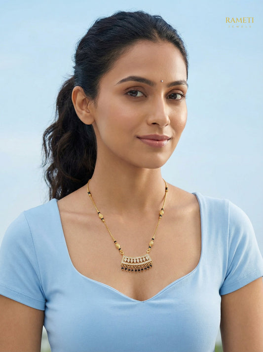 Kanchan Royal Heart Cut Designer Mangalsutra worn by model - Rameti Jewels