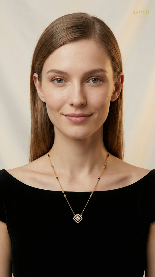 Oshma Glistening CZ Studded Party Wear Mangalsutra worn by model - Rameti Jewels