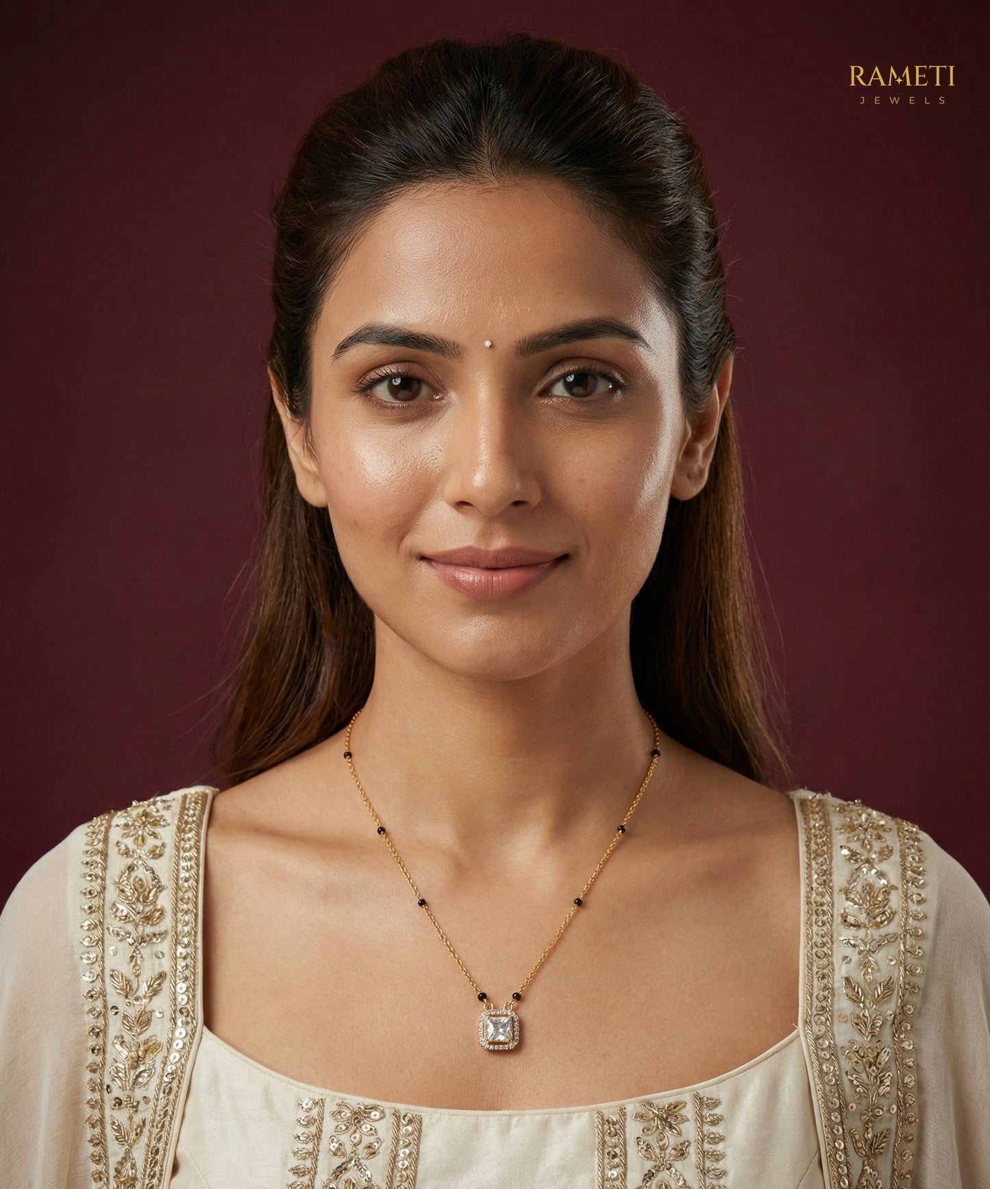 Amaya Eternal Bond 18K Gold Mangalsutra worn by model - Rameti Jewels