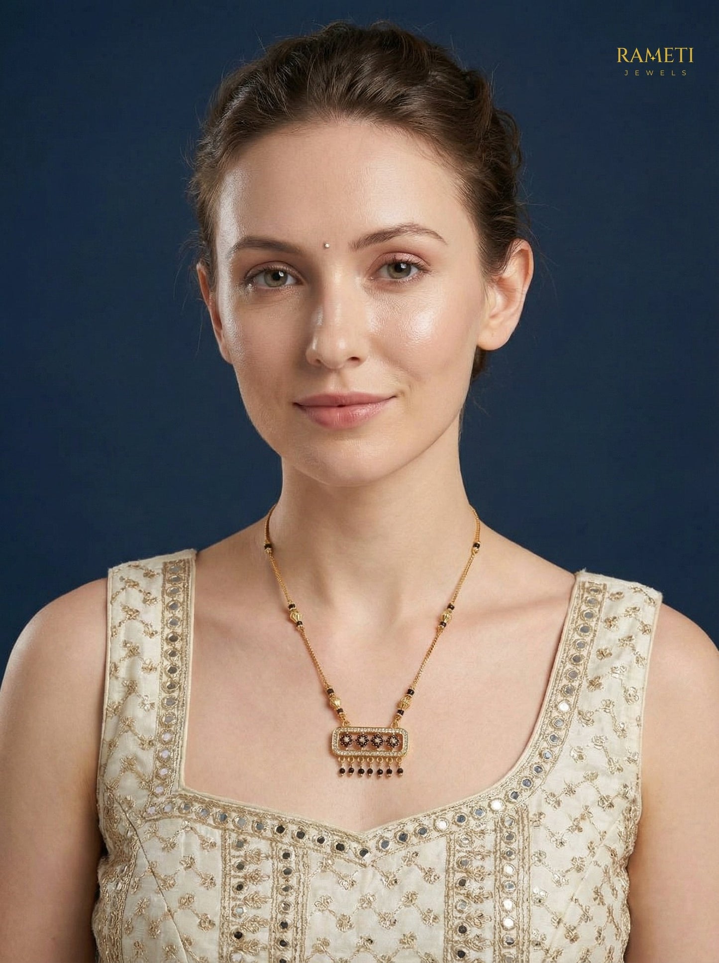 Kavya Divine Protection Classic Mangalsutra worn by model - Rameti Jewels