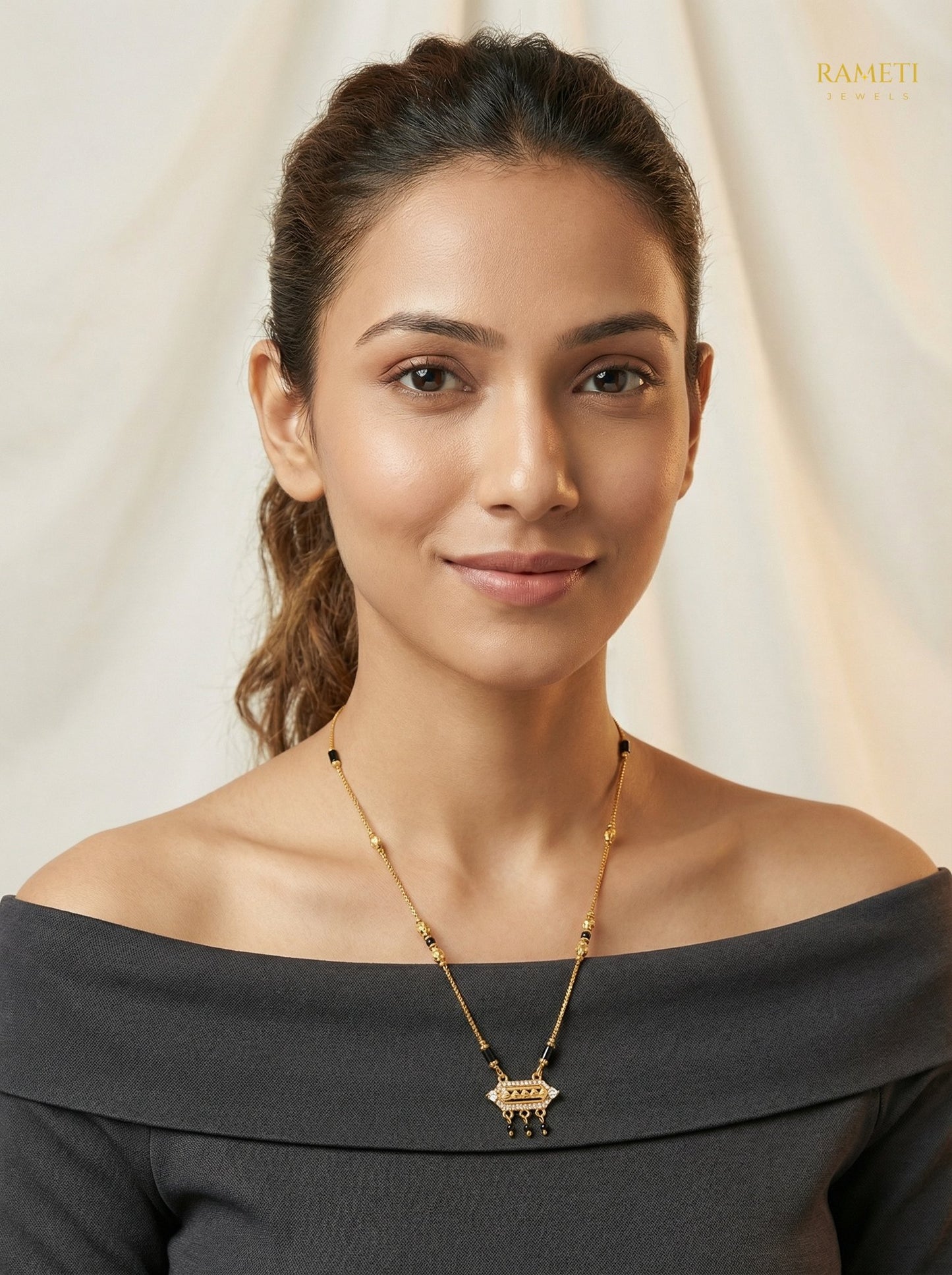Kamini Divine Protection Classic Mangalsutra worn by model - Rameti Jewels