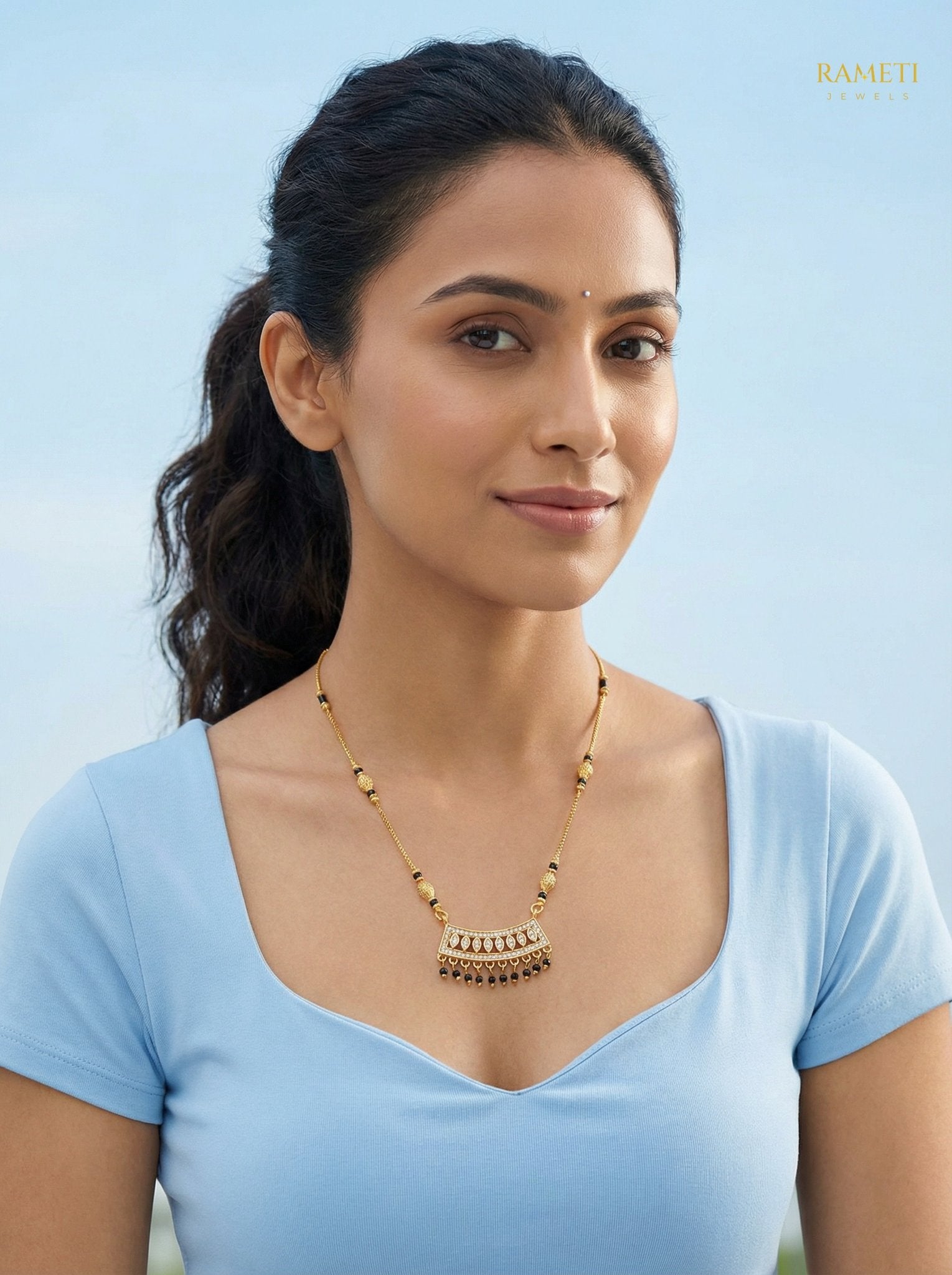 Kanchan Royal Heart Cut Designer Mangalsutra worn by model - Rameti Jewels