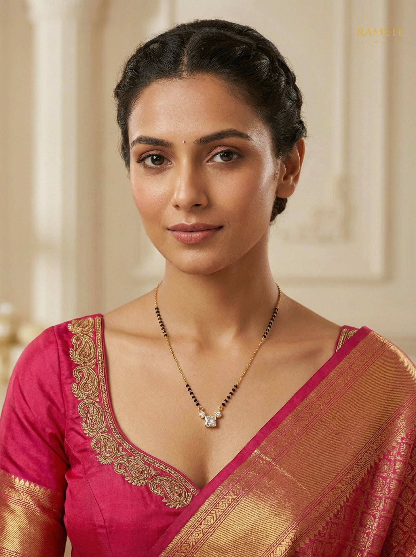 Lakshmi Glistening CZ Studded Party Wear Mangalsutra worn by model - Rameti Jewels