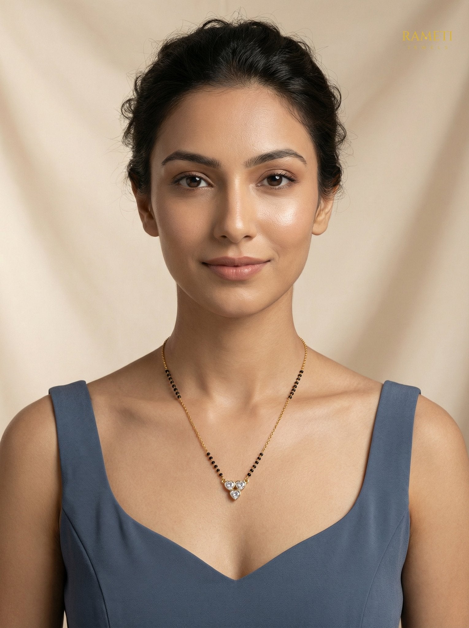 Latika Divine Protection Classic Mangalsutra worn by model - Rameti Jewels