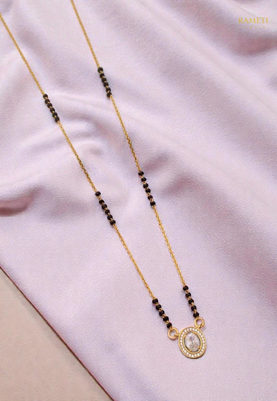 Side profile and craftsmanship of Mahek Glistening CZ Studded Party Wear Mangalsutra - Rameti Jewels
