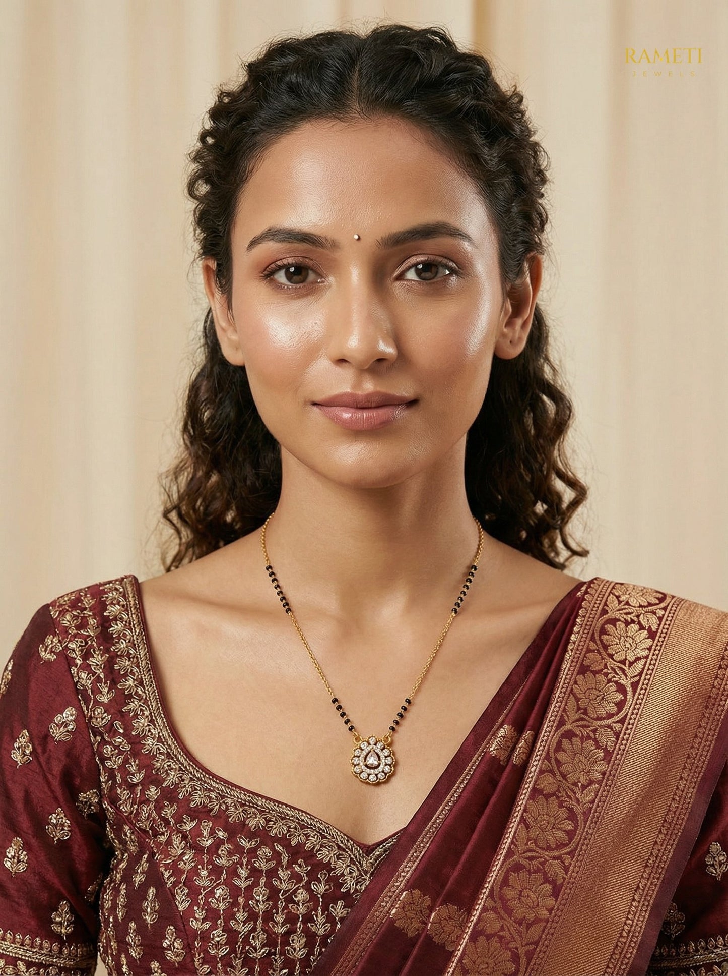Nandita Glistening CZ Studded Party Wear Mangalsutra worn by model - Rameti Jewels