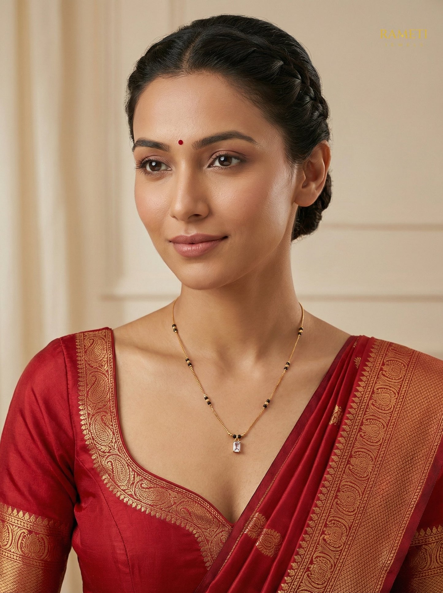 Nargis Eternal Bond 18K Gold Mangalsutra worn by model - Rameti Jewels