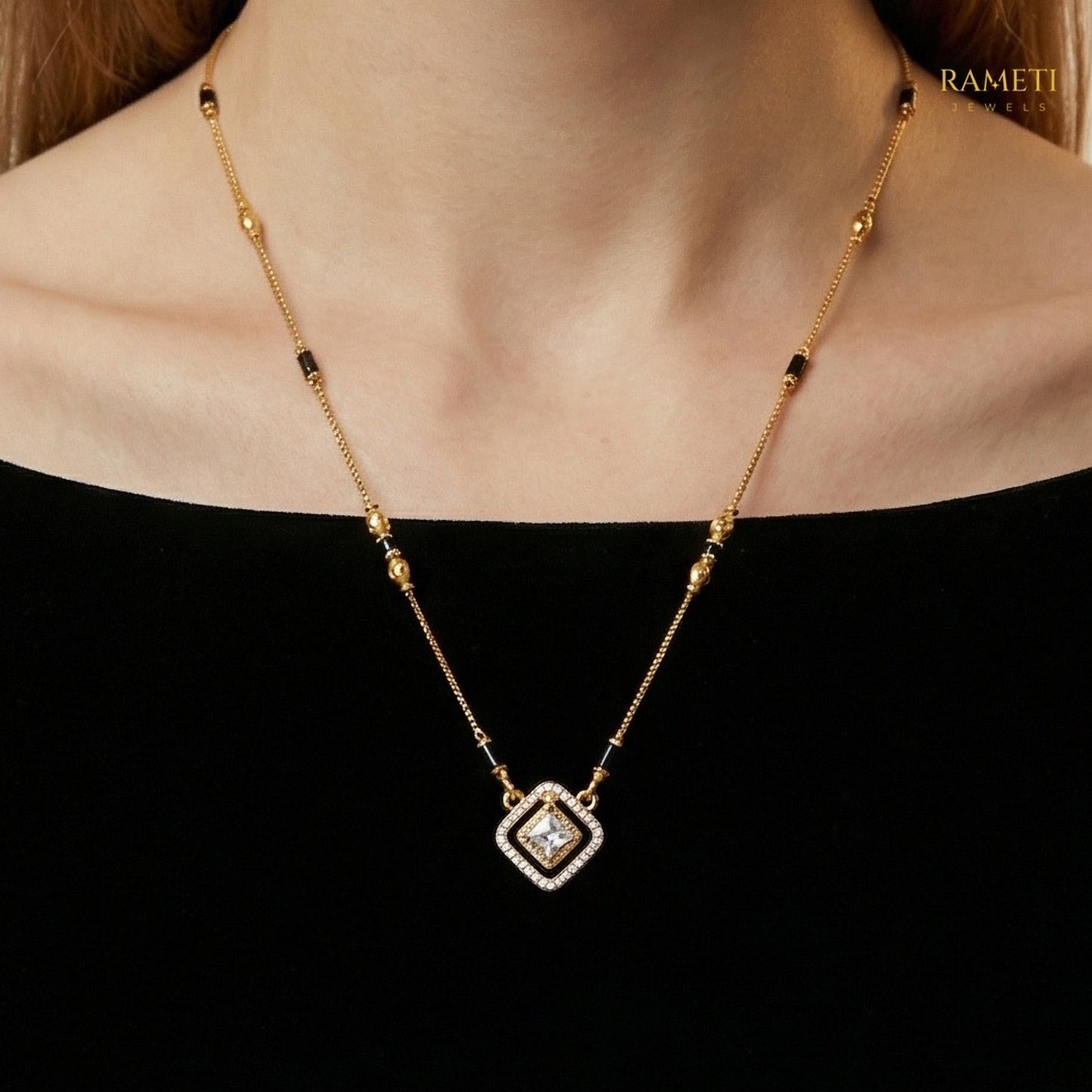 Detailed view of Oshma Glistening CZ Studded Party Wear Mangalsutra - Rameti Jewels