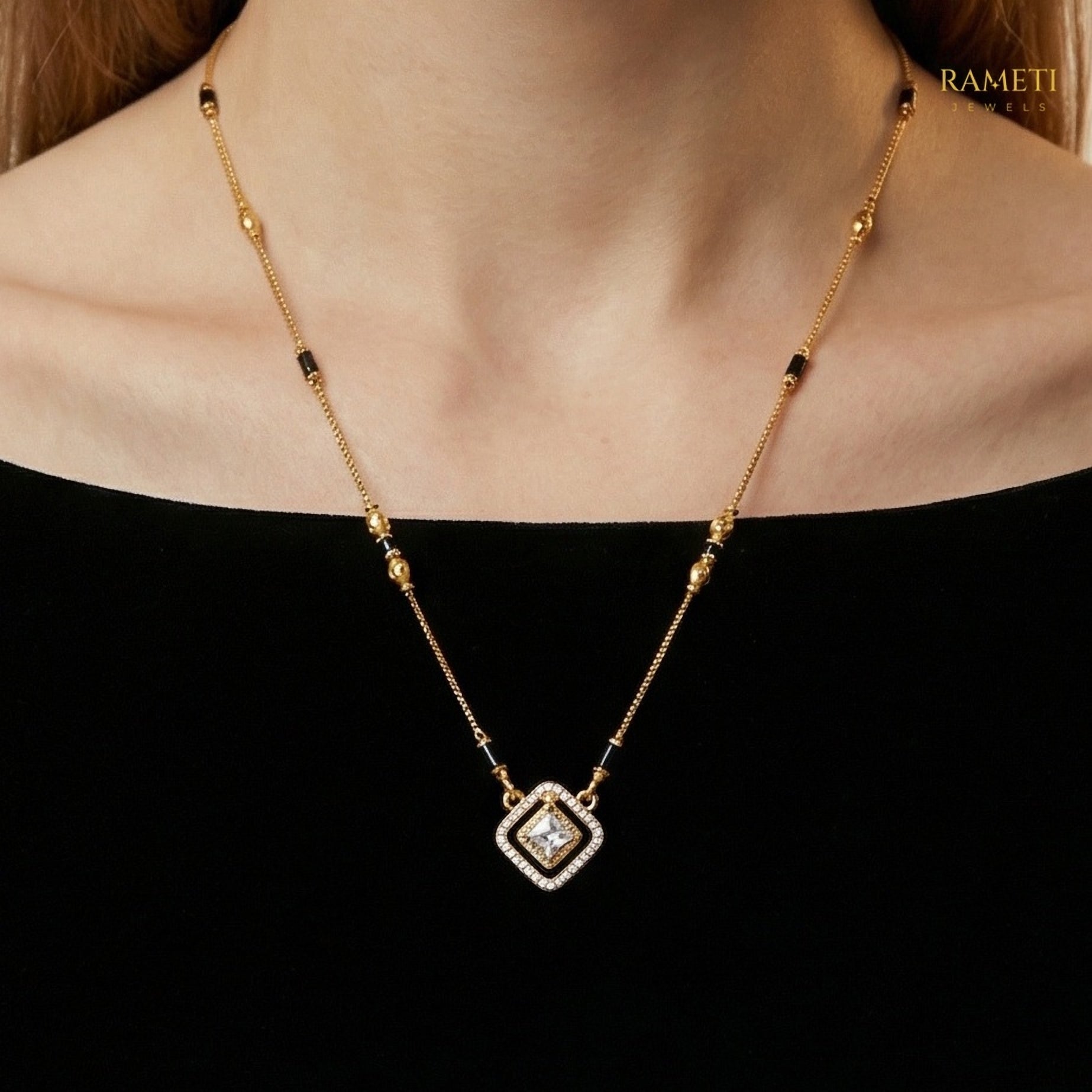 Detailed view of Oshma Glistening CZ Studded Party Wear Mangalsutra - Rameti Jewels