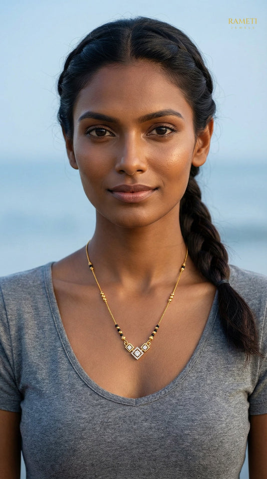 Pia Glistening CZ Studded Party Wear Mangalsutra worn by model - Rameti Jewels