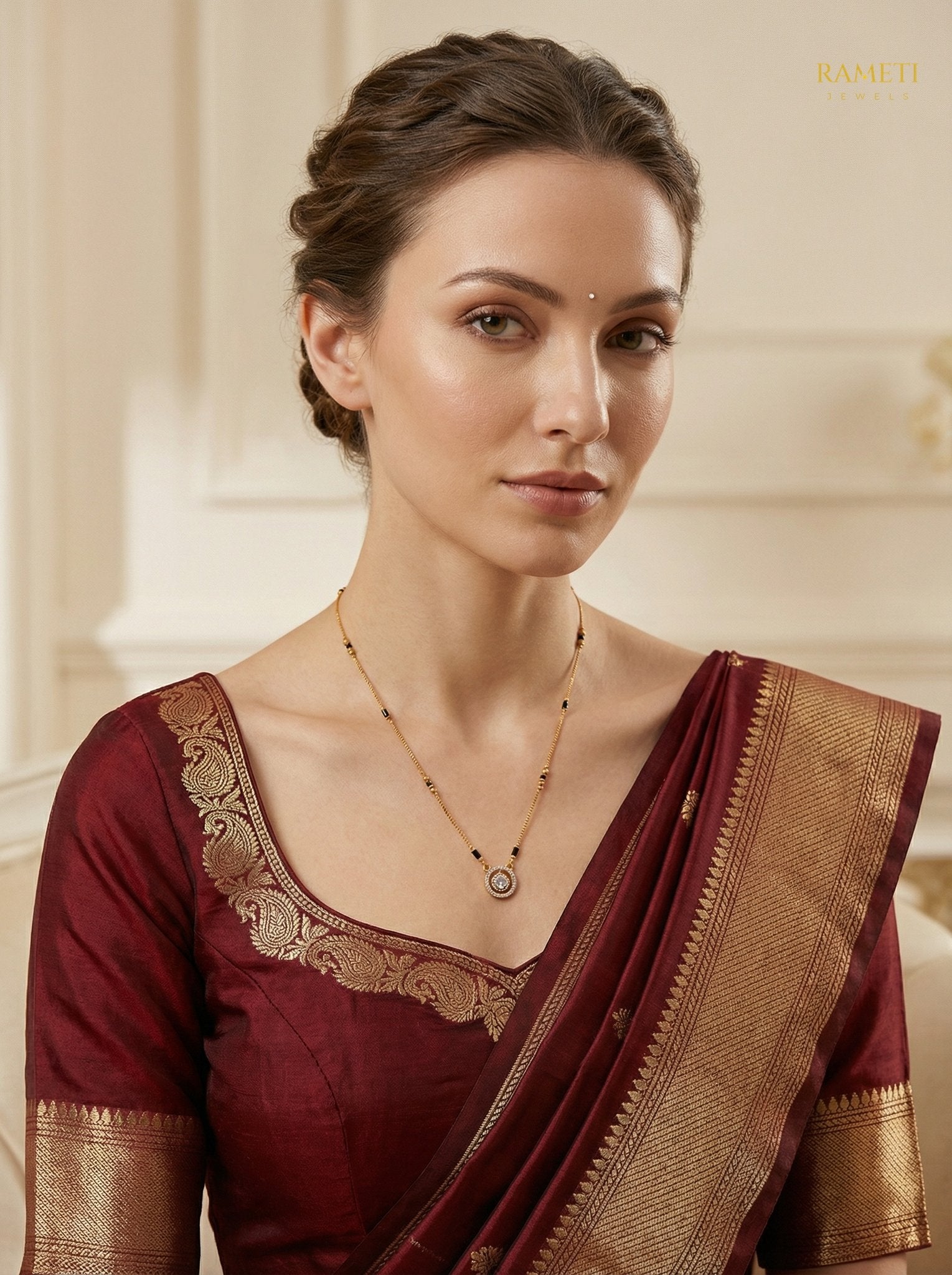 Rani Sleek and Sophisticated Office Wear Mangalsutra worn by model - Rameti Jewels