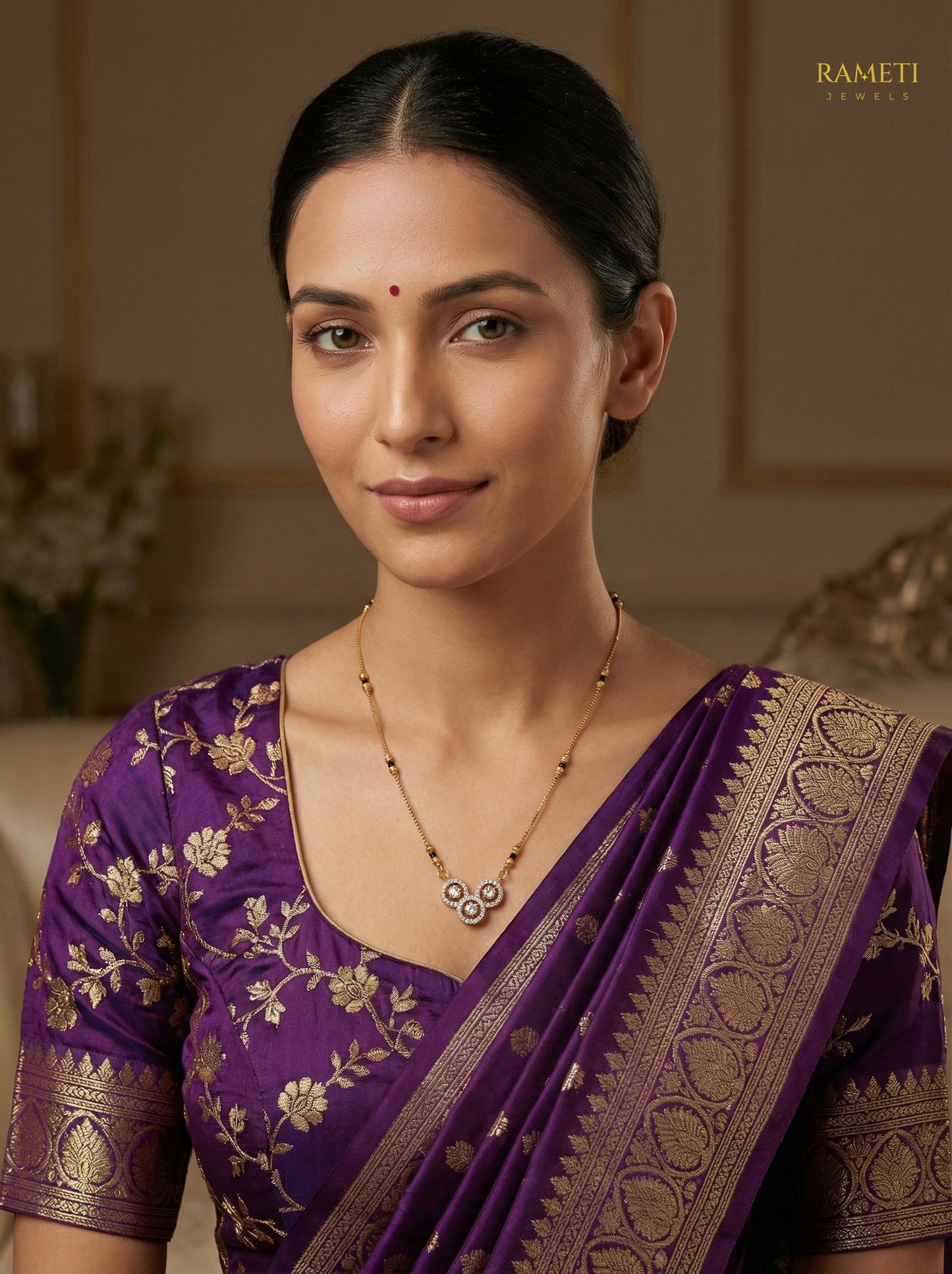 Tina Glistening CZ Studded Party Wear Mangalsutra worn by model - Rameti Jewels