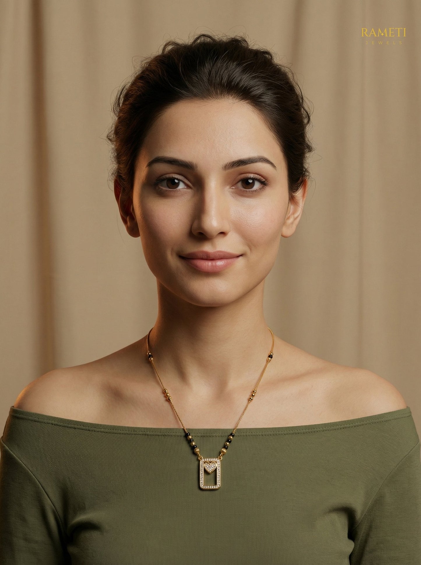 Urvi Royal Heart Cut Designer Mangalsutra worn by model - Rameti Jewels