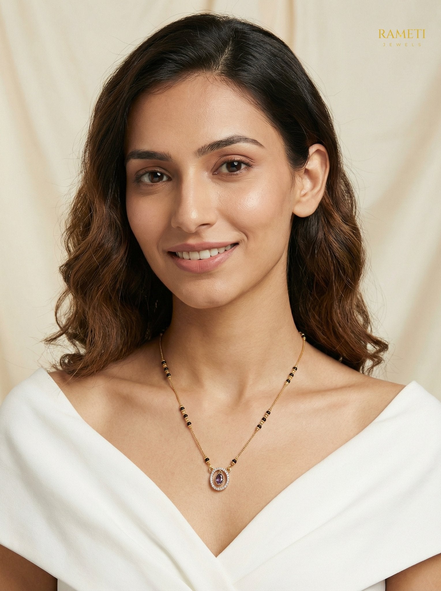 Upasana Glistening CZ Studded Party Wear Mangalsutra worn by model - Rameti Jewels