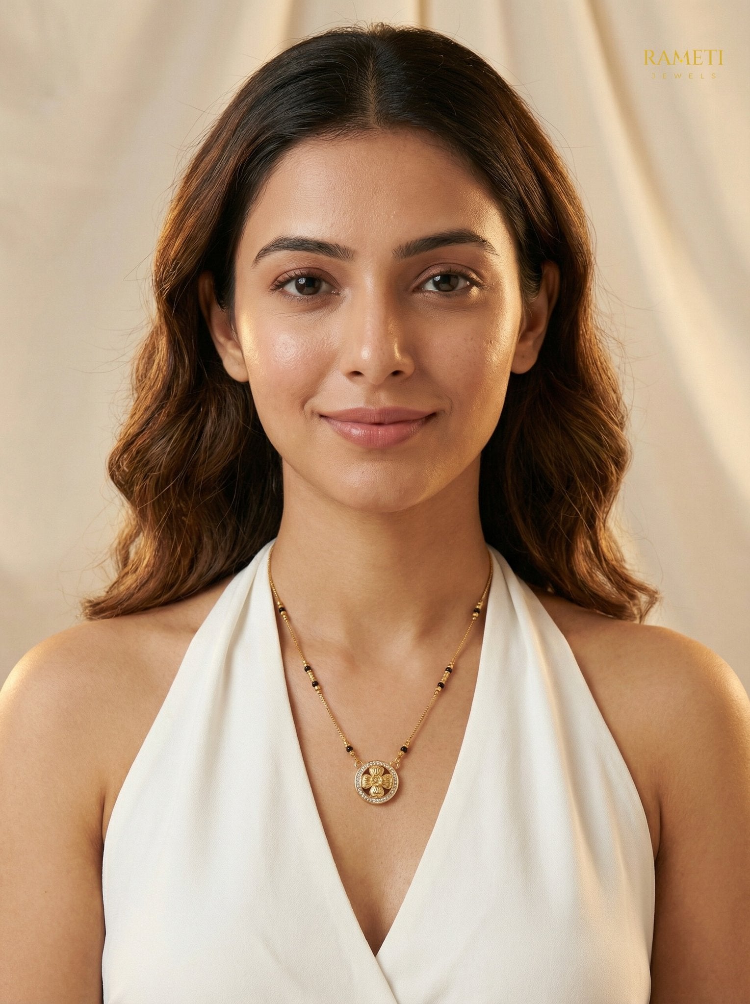 Ujala Glistening CZ Studded Party Wear Mangalsutra worn by model - Rameti Jewels
