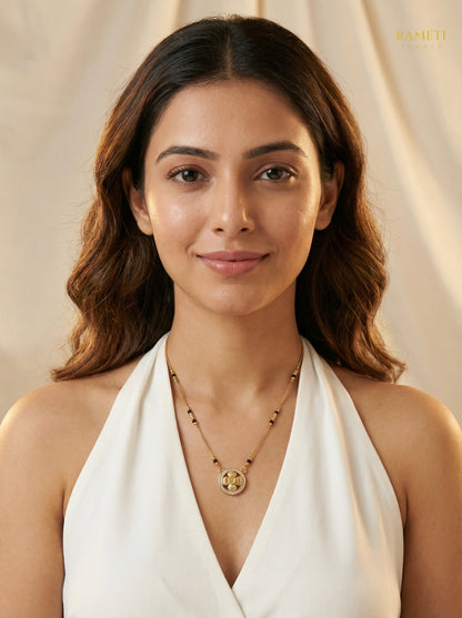 Ujala Glistening CZ Studded Party Wear Mangalsutra worn by model - Rameti Jewels