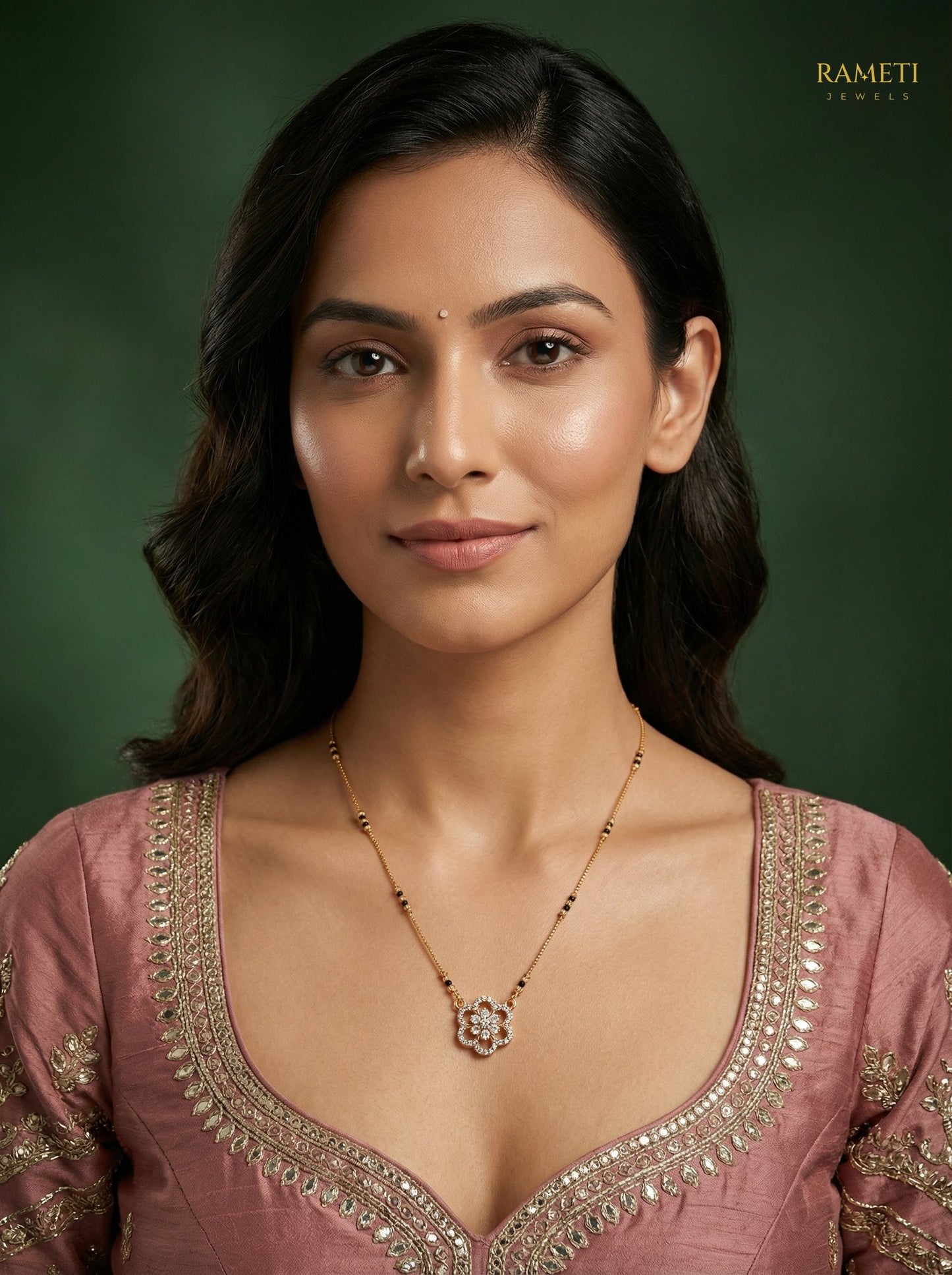Chandni Glistening CZ Studded Party Wear Mangalsutra worn by model - Rameti Jewels