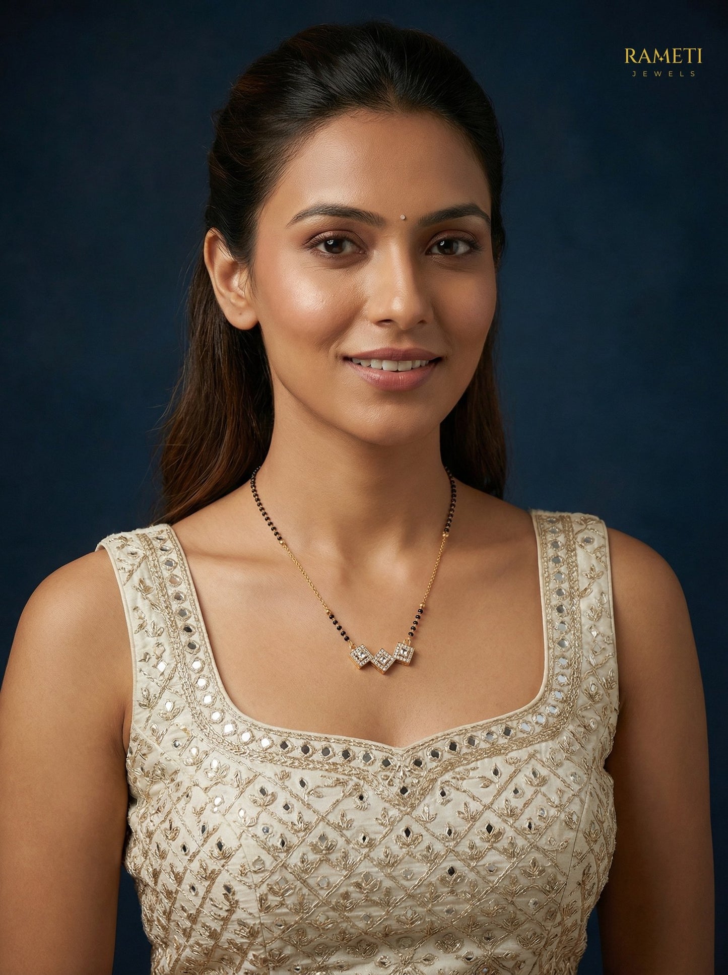 Charu Royal Heart Cut Designer Mangalsutra worn by model - Rameti Jewels