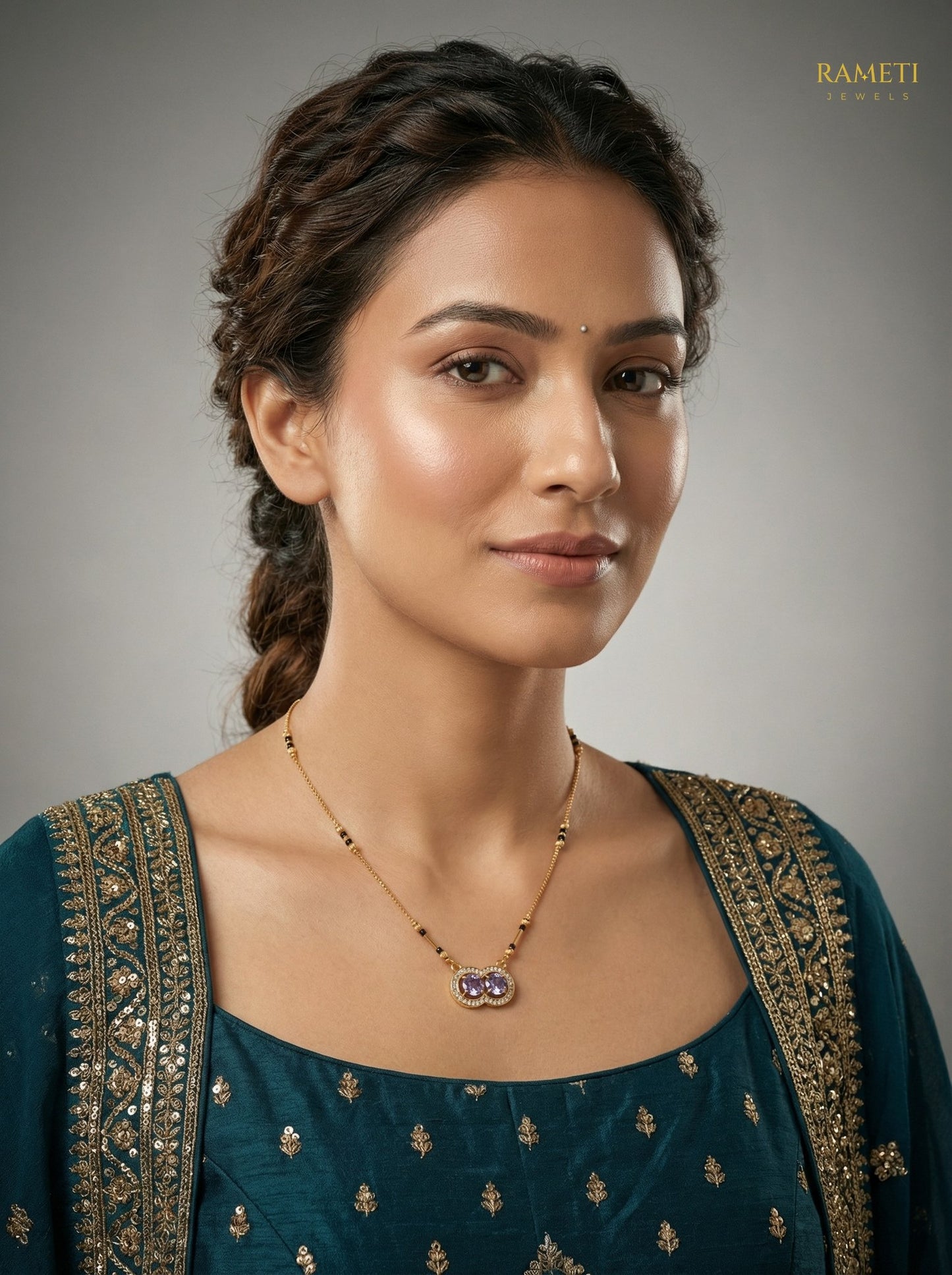 Chhavi Glistening CZ Studded Party Wear Mangalsutra worn by model - Rameti Jewels