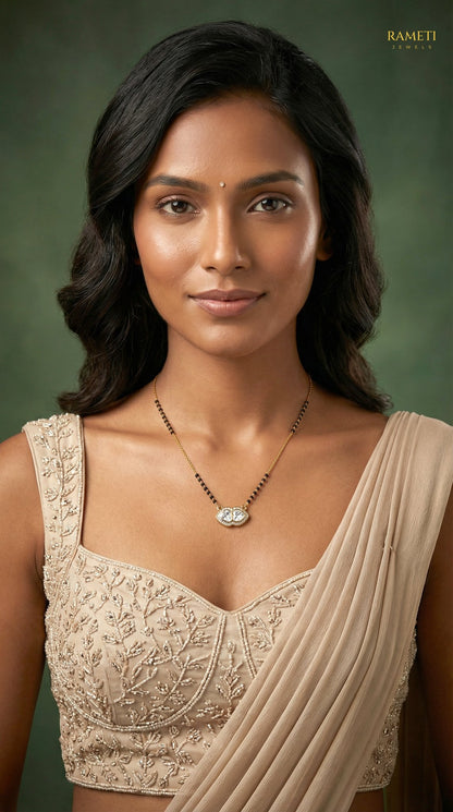 Deepa Glistening CZ Studded Party Wear Mangalsutra worn by model - Rameti Jewels