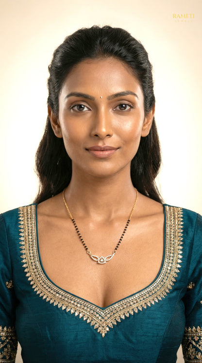 Deepika Eternal Bond 18K Gold Mangalsutra worn by model - Rameti Jewels