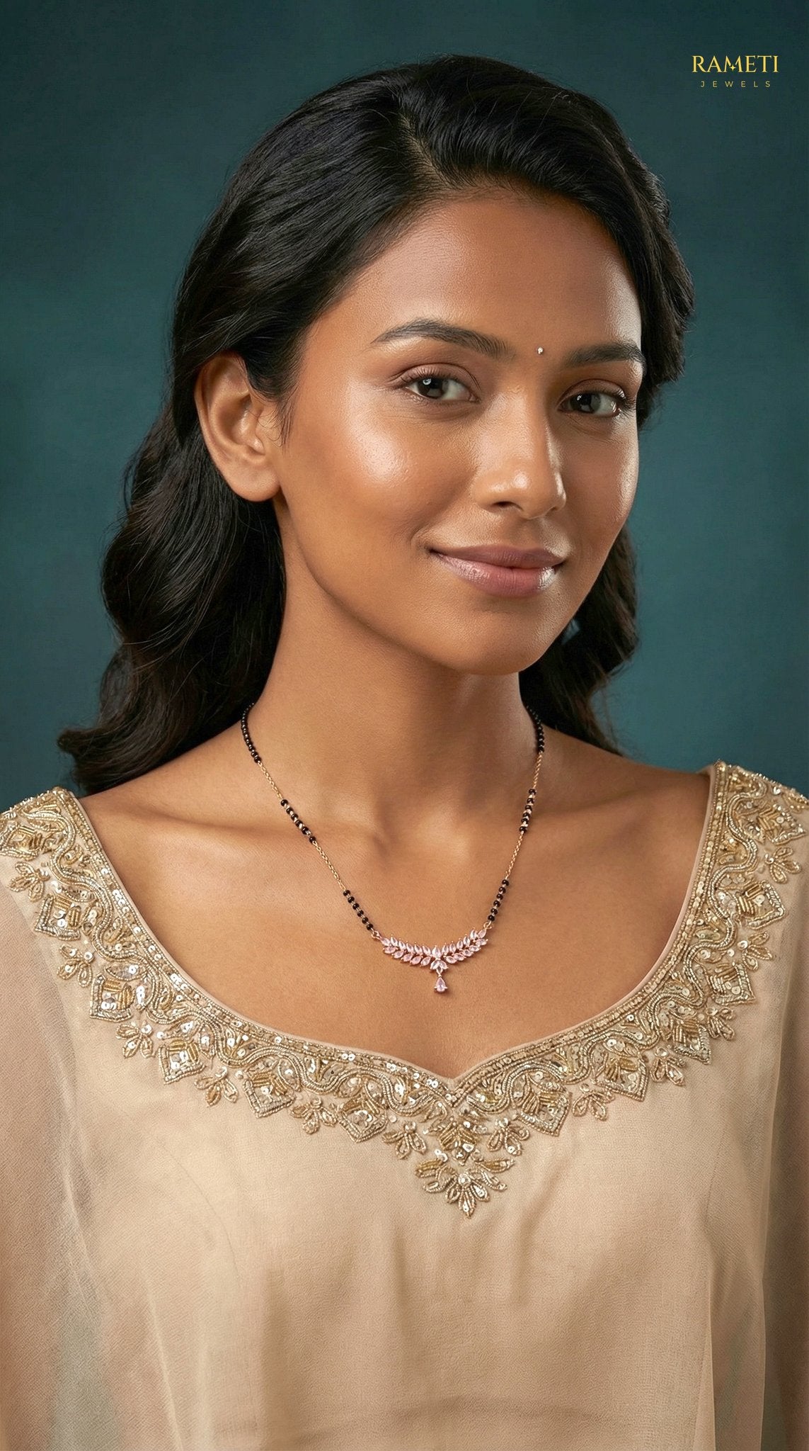Eshani Royal Heart Cut Designer Mangalsutra worn by model - Rameti Jewels