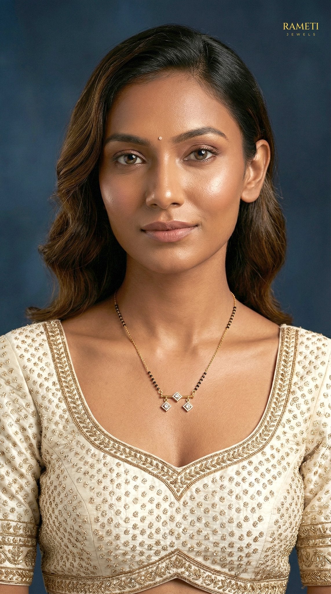 Ekta Glistening CZ Studded Party Wear Mangalsutra worn by model - Rameti Jewels