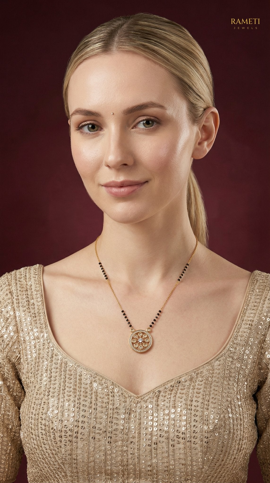 Eesha Royal Heart Cut Designer Mangalsutra worn by model - Rameti Jewels