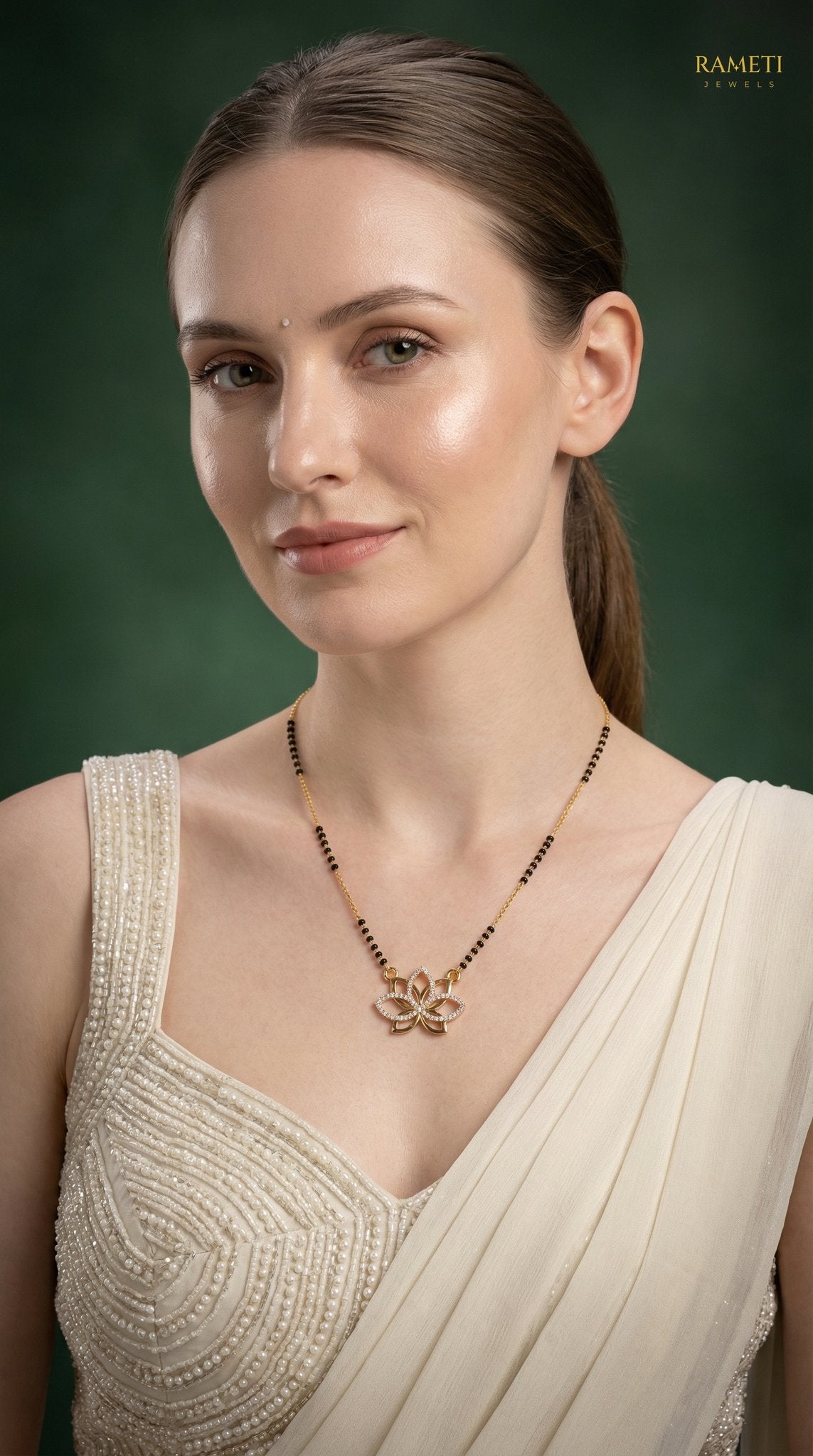 Elina Royal Heart Cut Designer Mangalsutra worn by model - Rameti Jewels