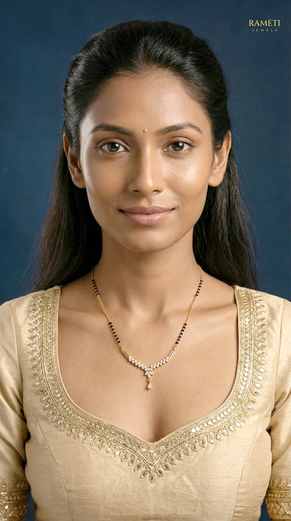 Eta Eternal Bond 18K Gold Mangalsutra worn by model - Rameti Jewels
