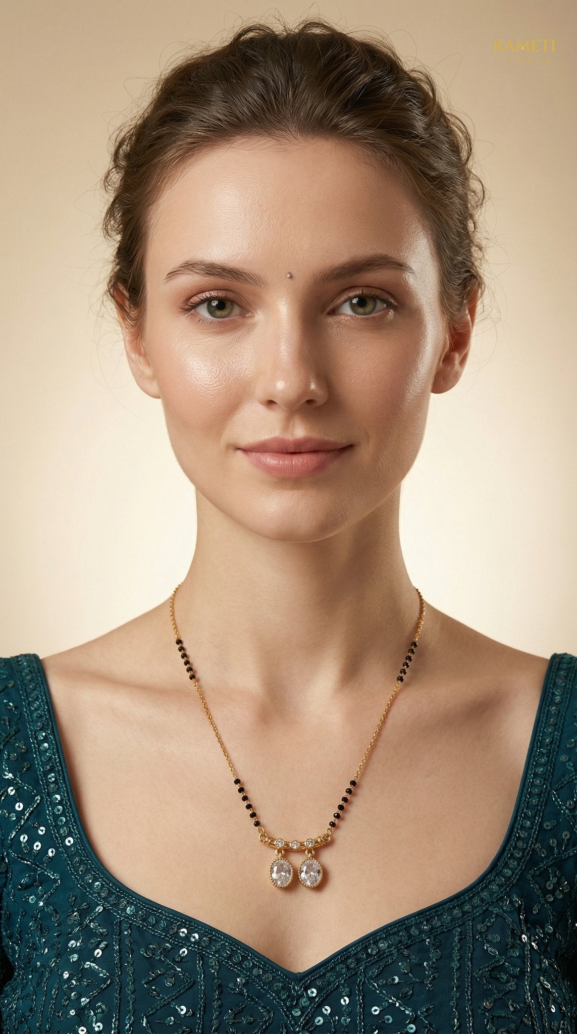 Eva Royal Heart Cut Designer Mangalsutra worn by model - Rameti Jewels