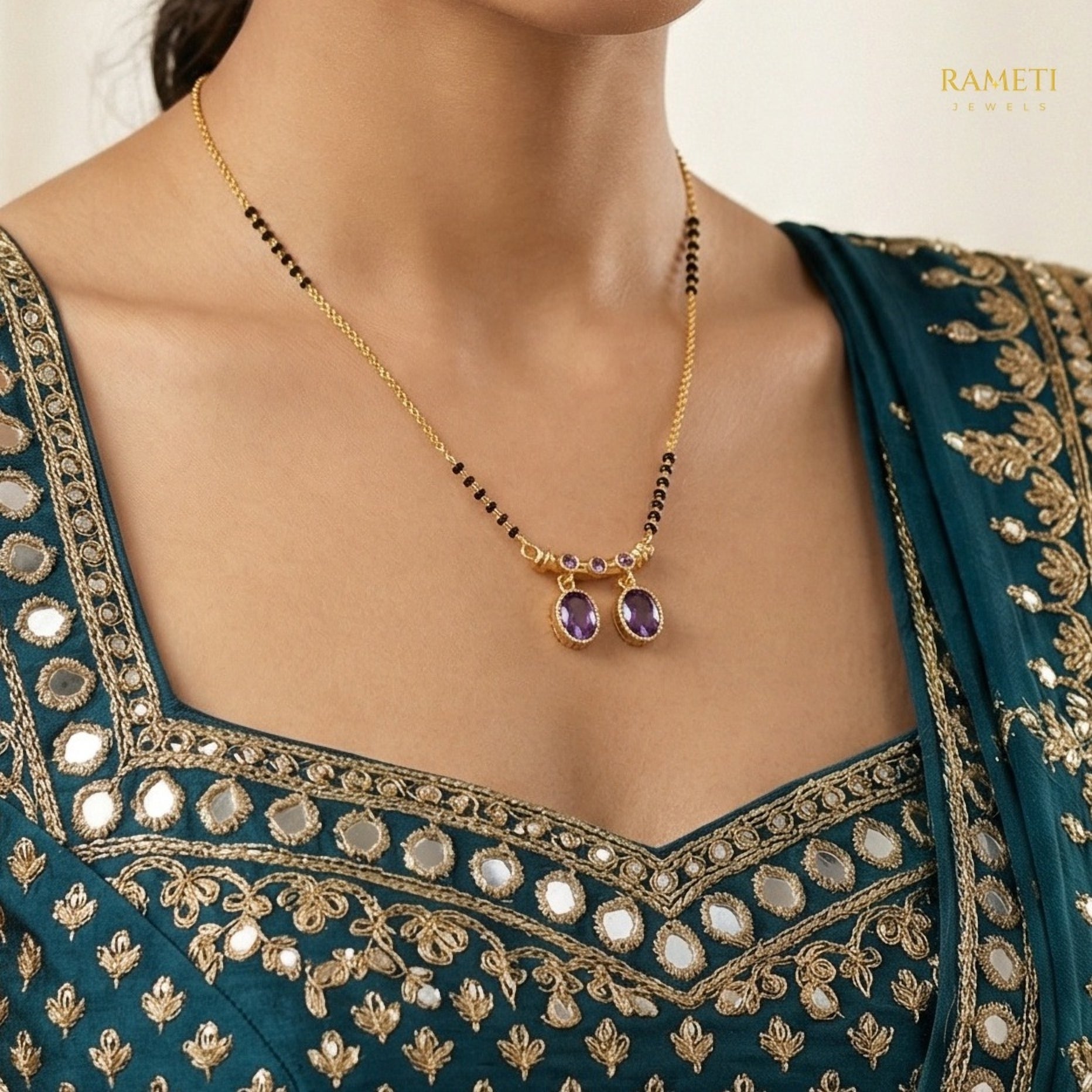 Detailed view of Fatima Royal Heart Cut Designer Mangalsutra - Rameti Jewels