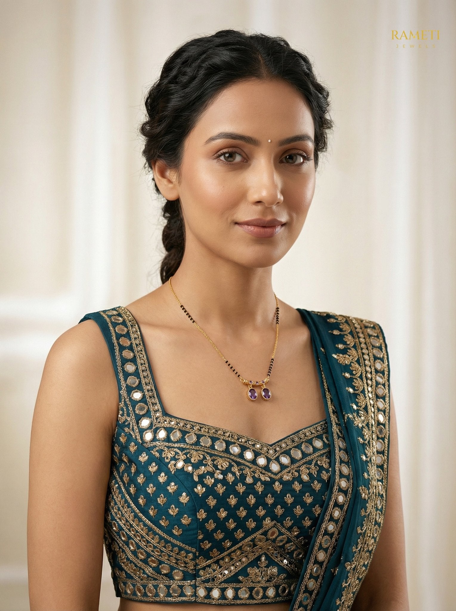 Fatima Royal Heart Cut Designer Mangalsutra worn by model - Rameti Jewels