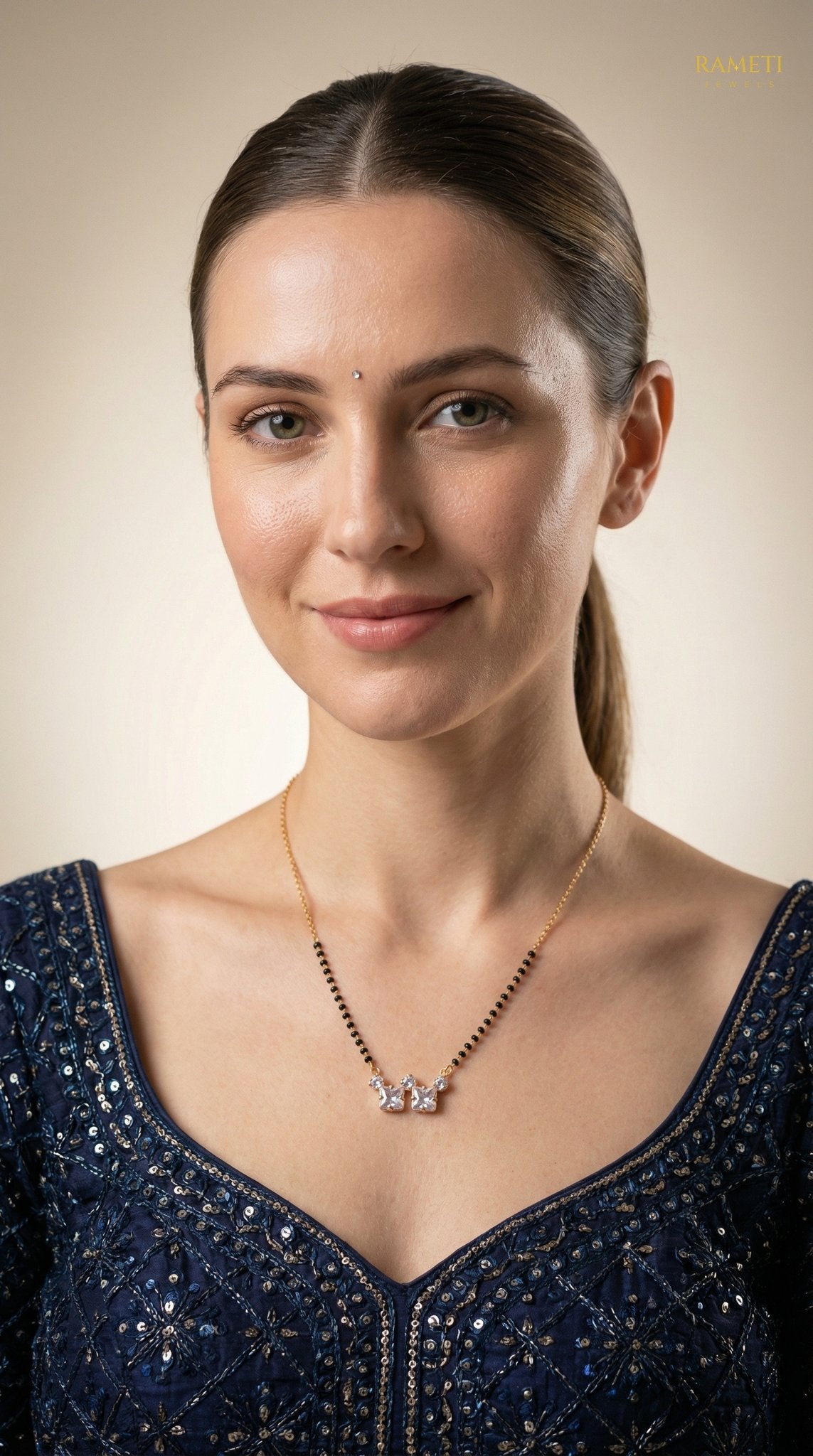 Geet Royal Heart Cut Designer Mangalsutra worn by model - Rameti Jewels