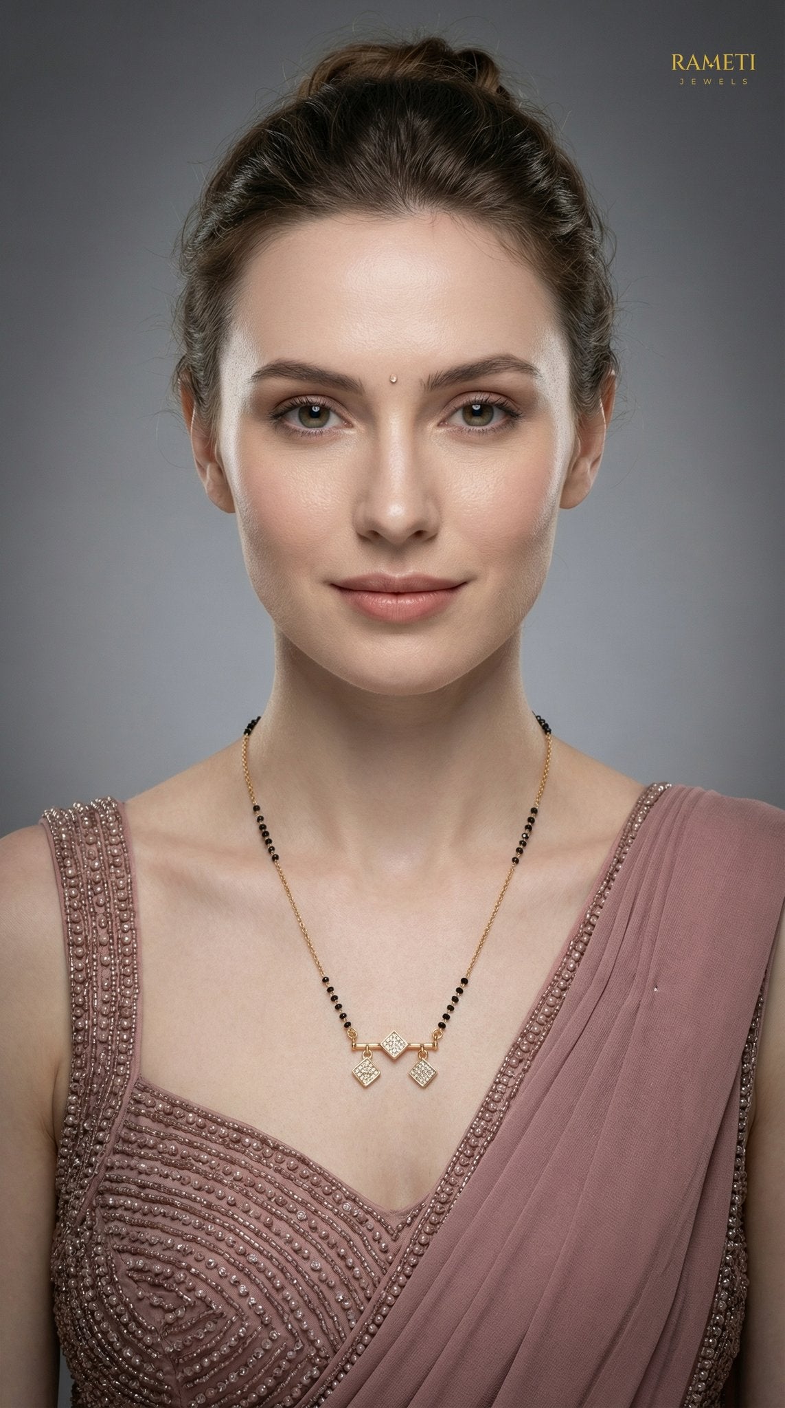 Geetika Royal Heart Cut Designer Mangalsutra worn by model - Rameti Jewels