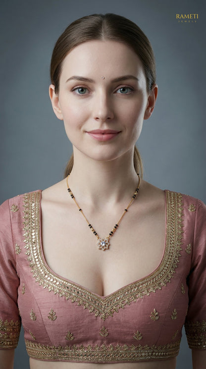 Harini Glistening CZ Studded Party Wear Mangalsutra worn by model - Rameti Jewels