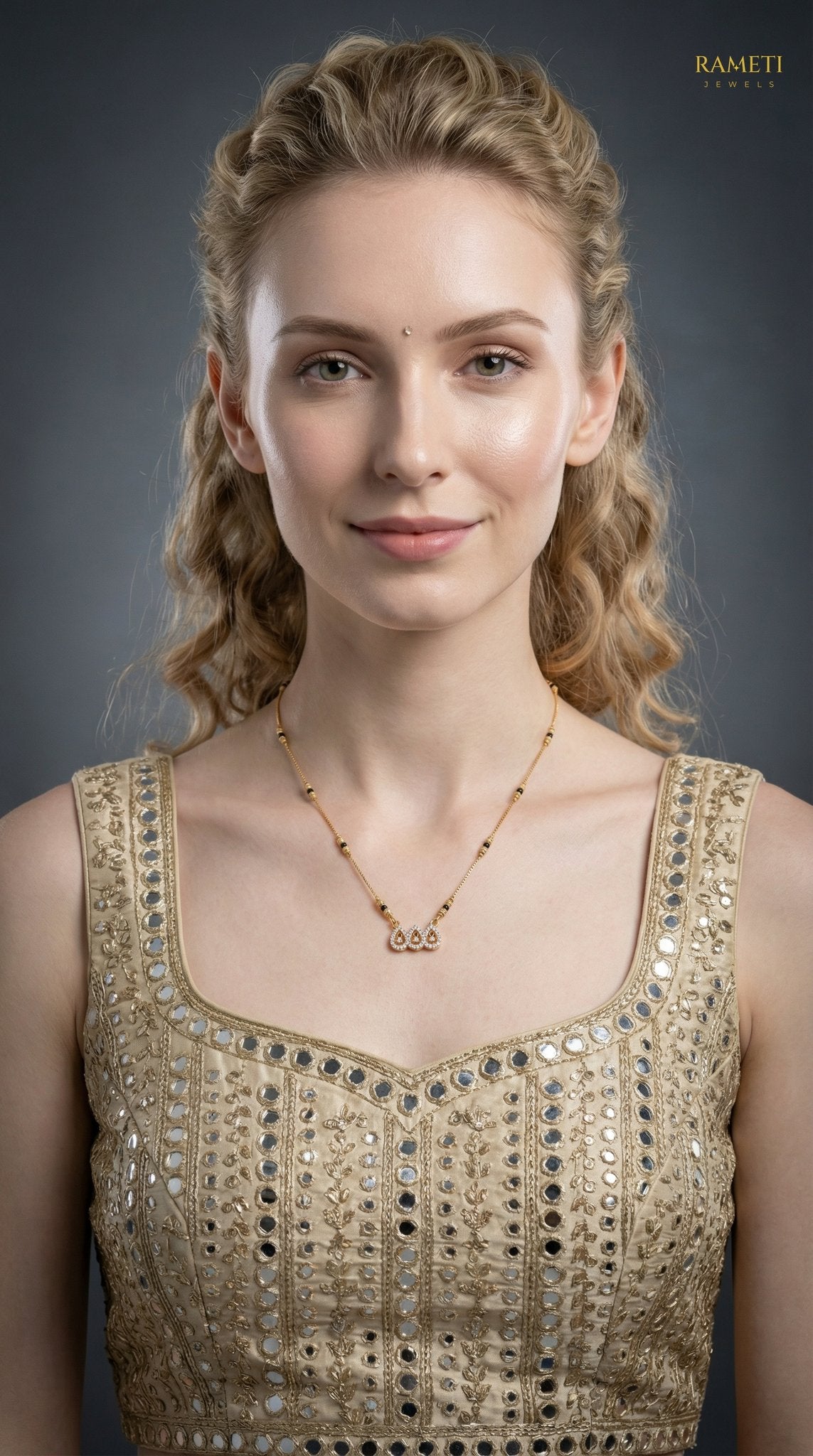 Harshila Divine Protection Classic Mangalsutra worn by model - Rameti Jewels
