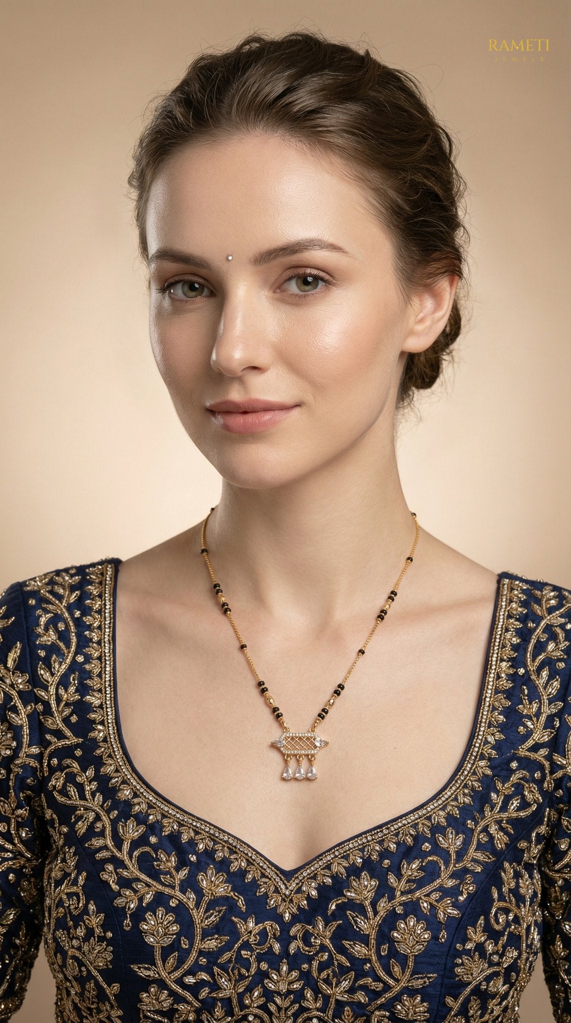 Harshita Minimalist Elegance Daily Wear Mangalsutra worn by model - Rameti Jewels