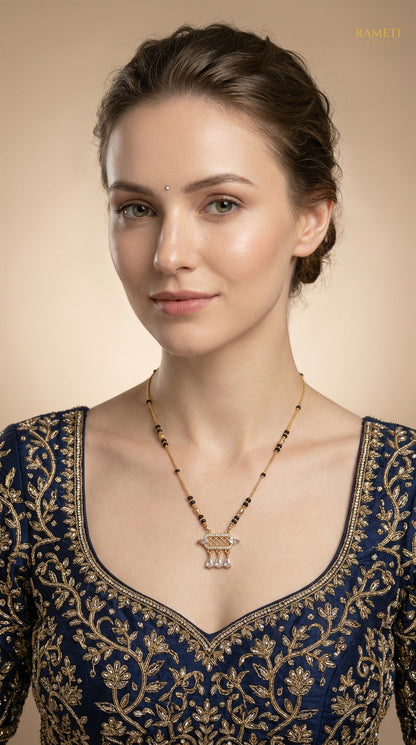 Harshita Minimalist Elegance Daily Wear Mangalsutra worn by model - Rameti Jewels