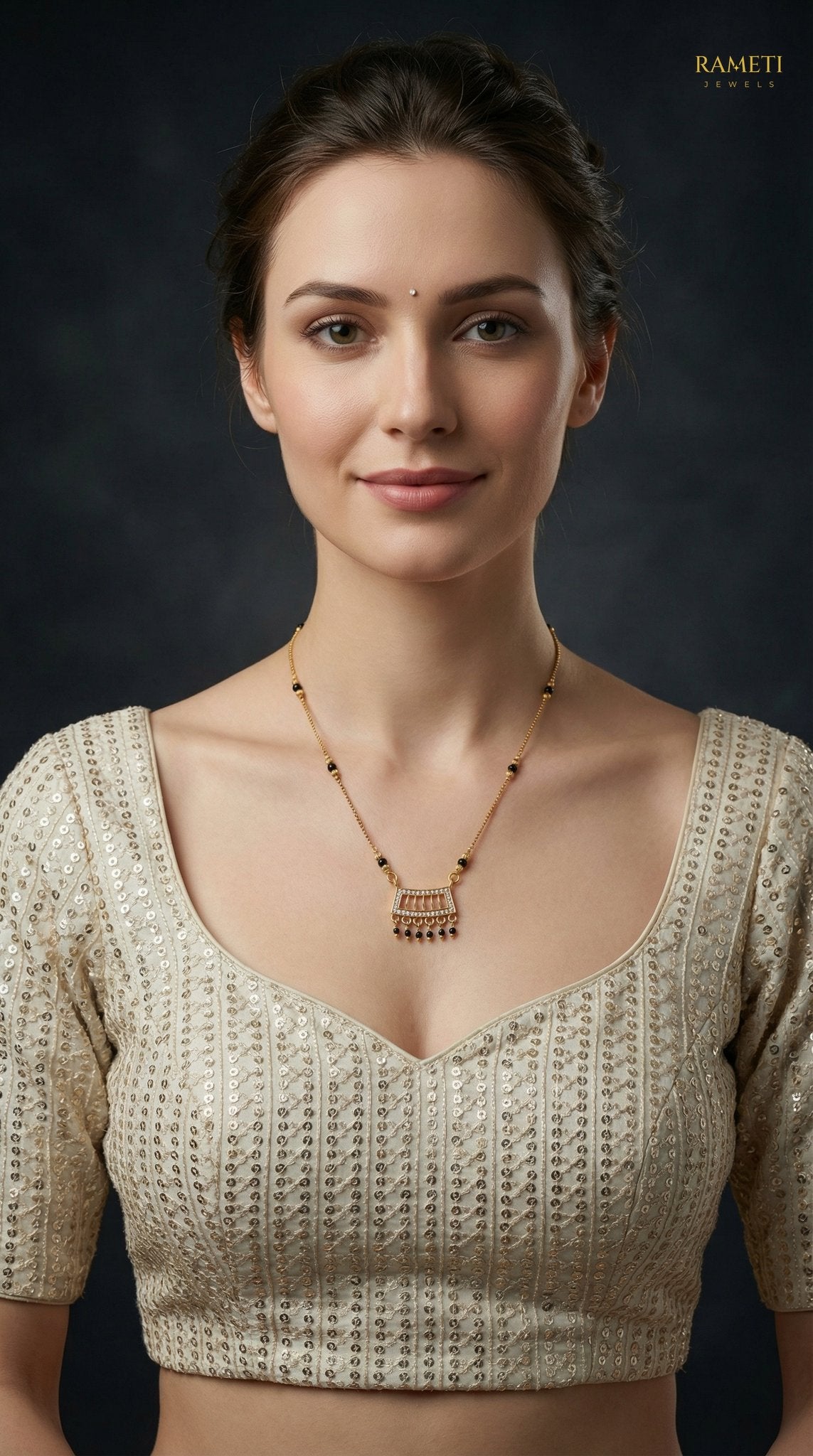 Heer Royal Heart Cut Designer Mangalsutra worn by model - Rameti Jewels