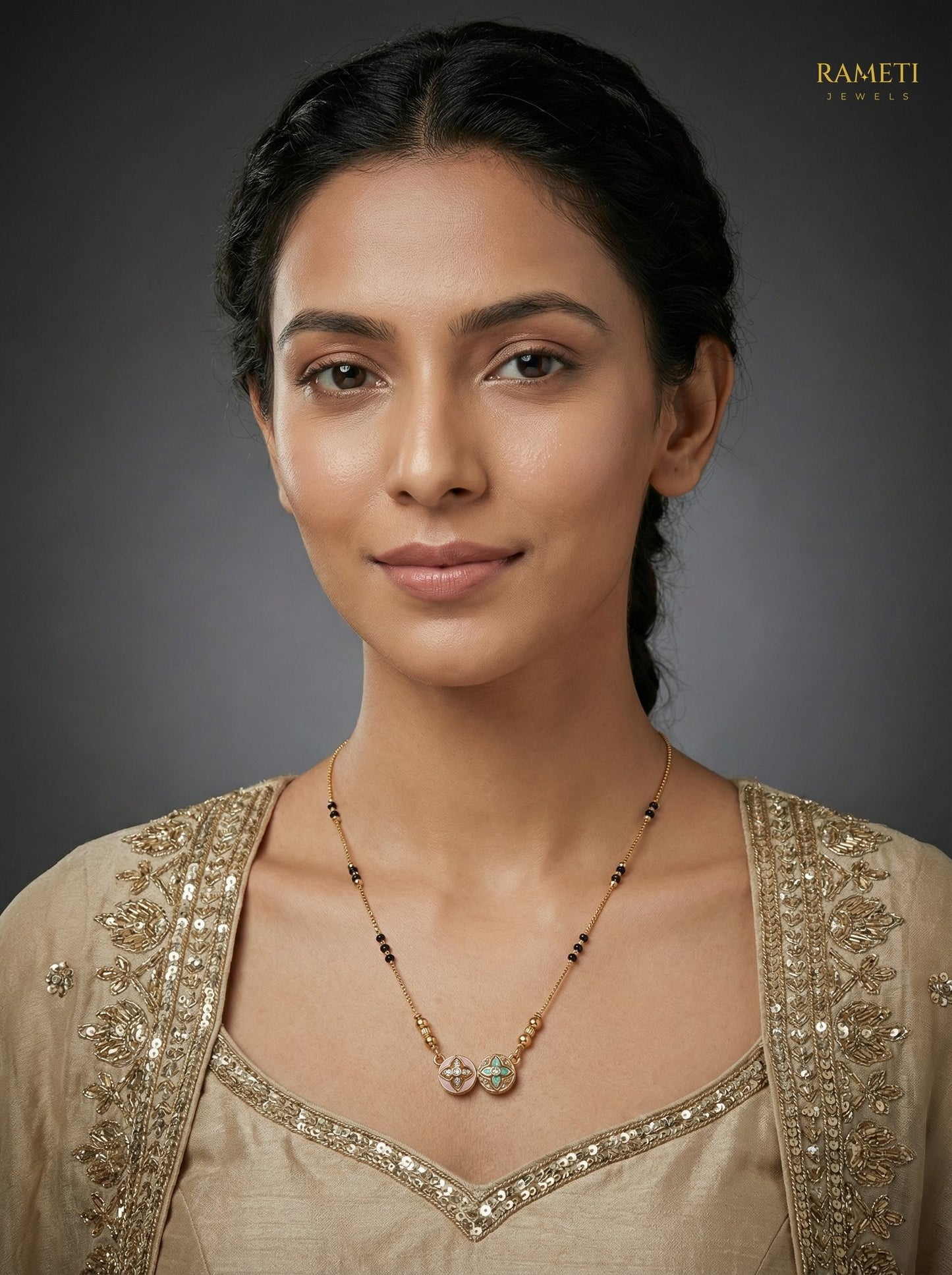 Indu Minimalist Elegance Daily Wear Mangalsutra worn by model - Rameti Jewels