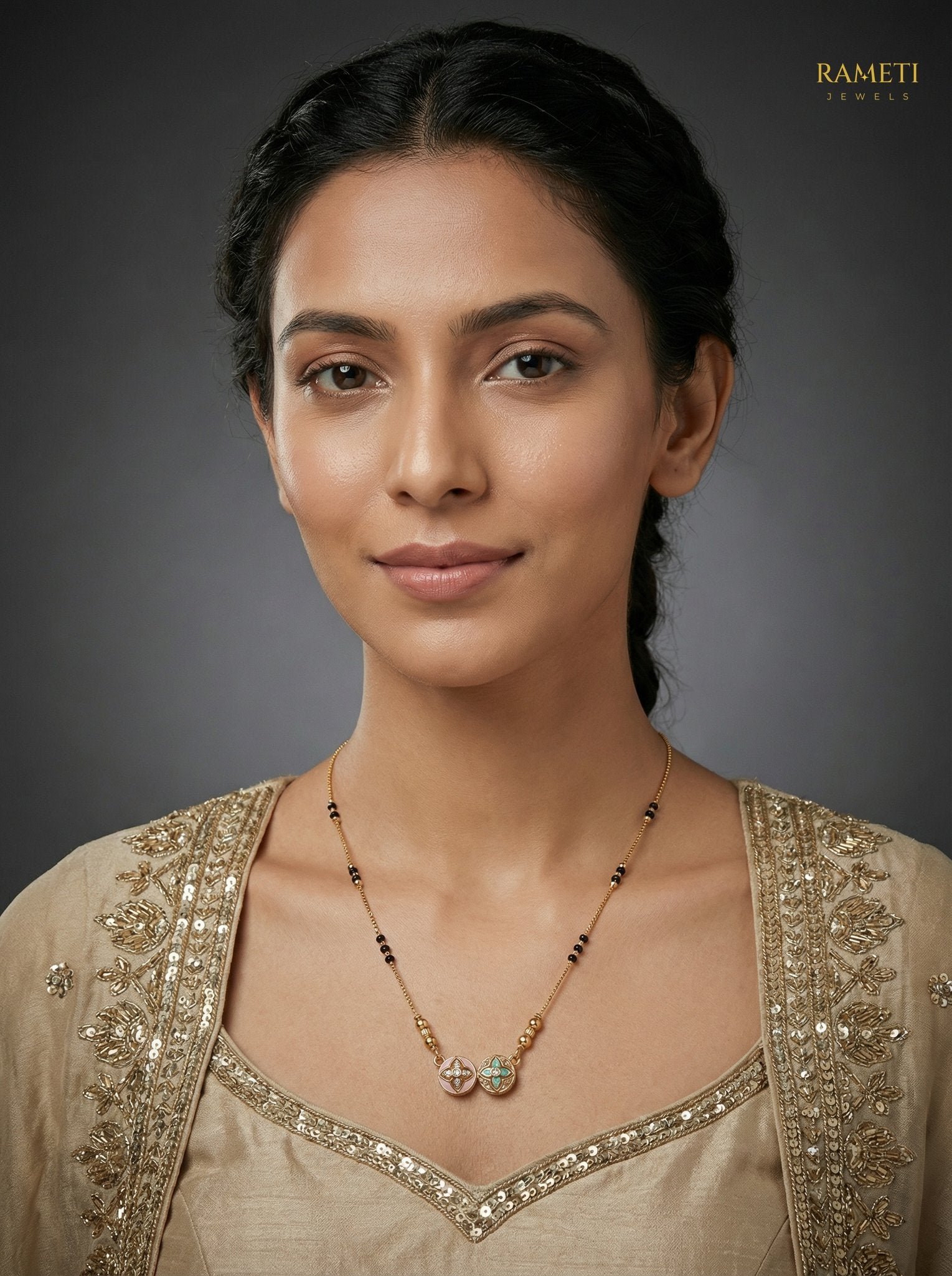 Indu Minimalist Elegance Daily Wear Mangalsutra worn by model - Rameti Jewels