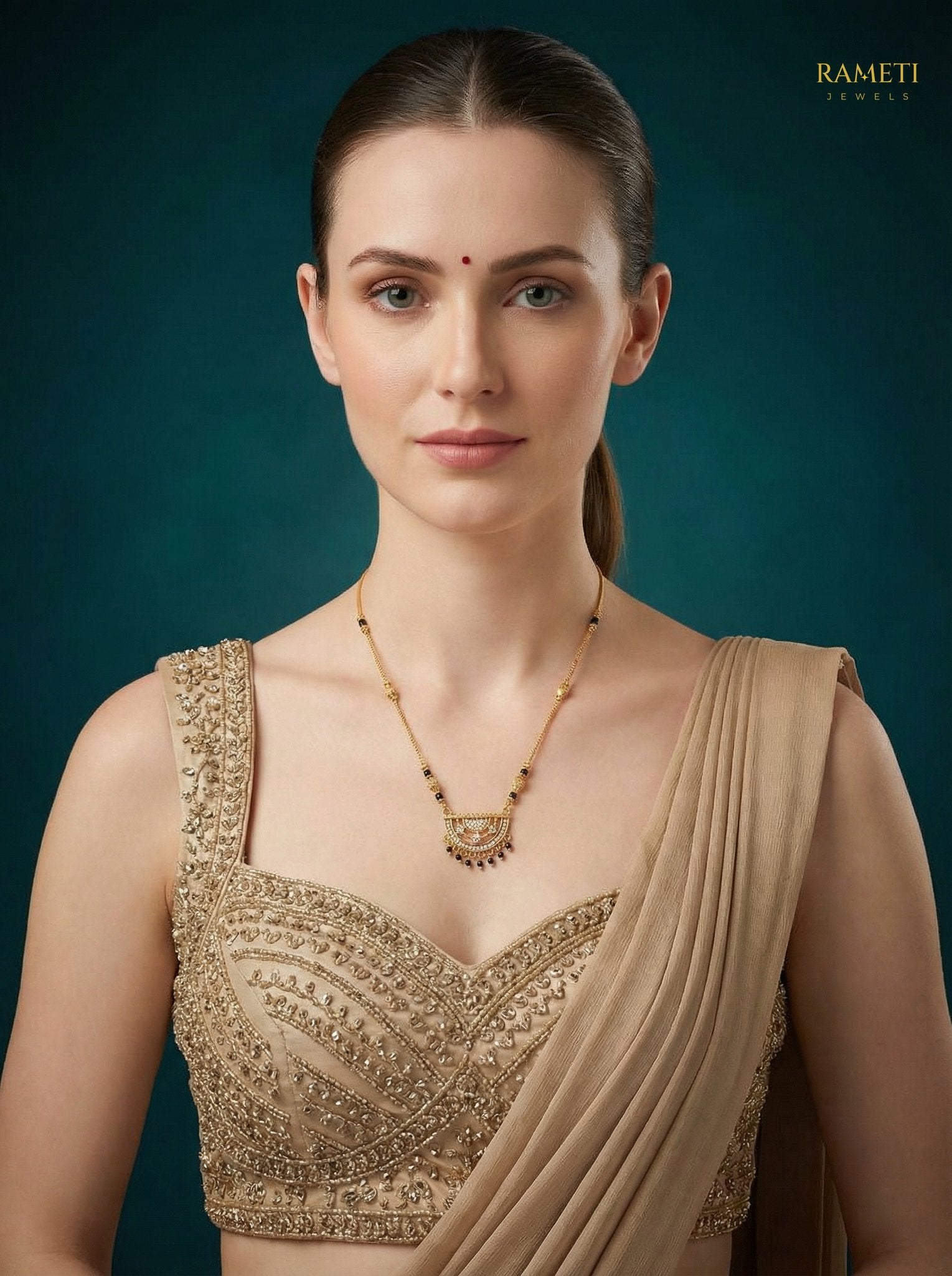 Janvi Divine Protection Classic Mangalsutra worn by model - Rameti Jewels