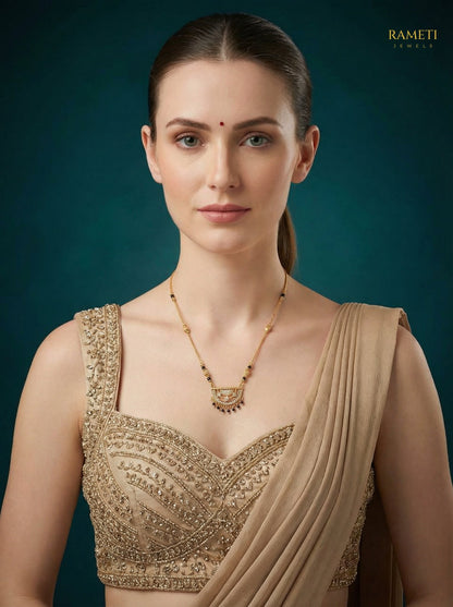 Janvi Divine Protection Classic Mangalsutra worn by model - Rameti Jewels