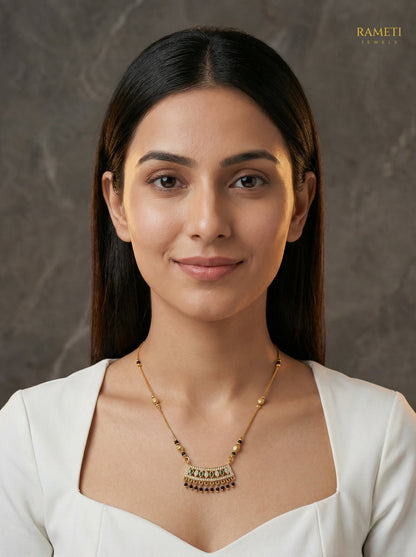 Jasmin Royal Heart Cut Designer Mangalsutra worn by model - Rameti Jewels